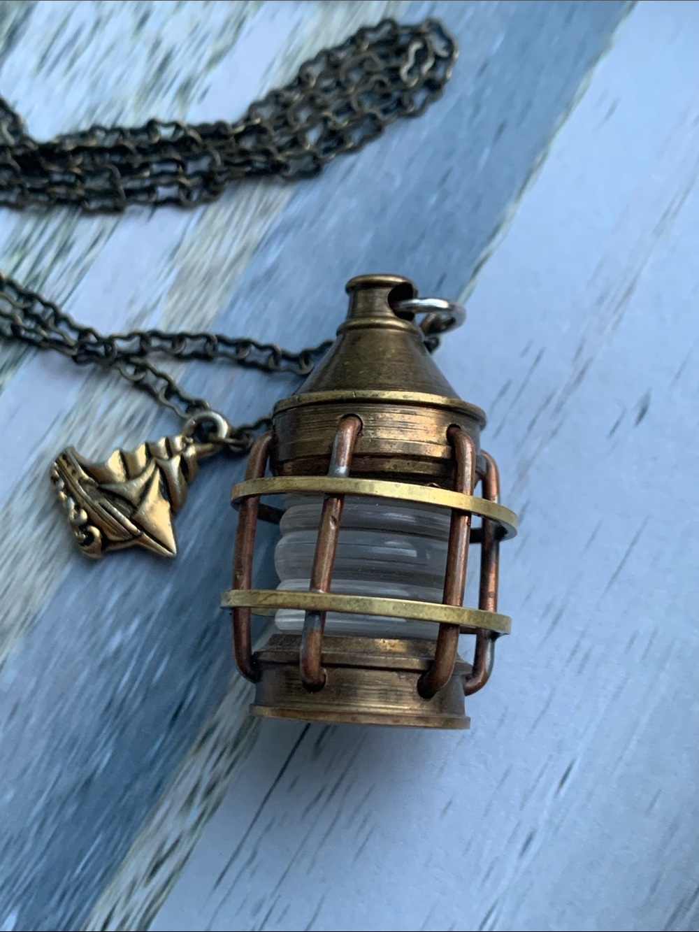 Vintage Antique Brass Cage Lantern Pendant Necklace - w/ Sailboat charm